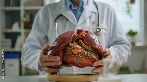 Doctor with human Liver anatomy model. Liver cancer and Tumor, Jaundice, Viral Hepatitis A, B, C, D, E, Cirrhosis, Failure, Enlarged, Hepatic Encephalopathy, Ascites Fluid in Belly and health concept photo