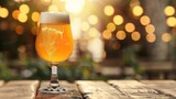 Portrait glass of beer on bar table with bokeh background, copy space. generative AI image