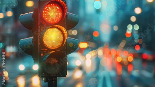 A traffic light at a street crossroads with a beautiful bokeh city and cars in the background. photo