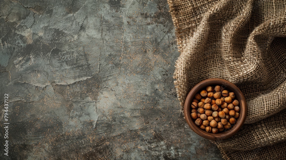 Bowl of hazelnuts on textured dark background with burlap cloth Bowl of hazelnuts on textured dark background with burlap cloth