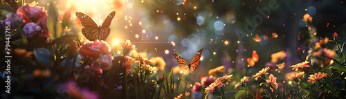 A butterfly is flying in a field of flowers. The butterflies are surrounded by a lot of flowers, and the sun is shining brightly on them. The scene is peaceful and serene