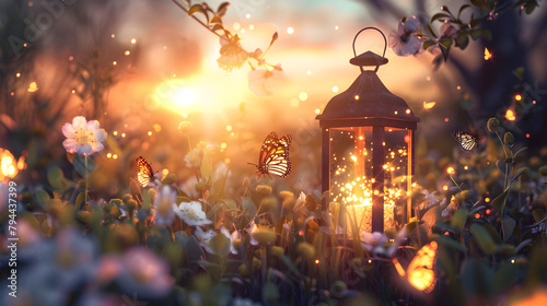 A lantern with a butterfly on it is lit up in a field of flowers. The lantern is surrounded by many butterflies, some of which are flying around it. The scene is peaceful and serene, with the lantern photo