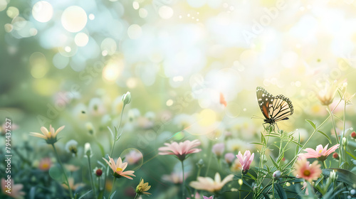 A butterfly is flying in a field of flowers. The field is full of pink flowers and the butterfly is the only object in the scene photo