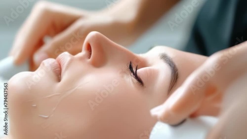 Close-up of a woman's face in a tranquil spa where a skin care specialist uses a high-tech device on a client's face, evoking a sense of relaxation and modern beauty. Facial and body skin care photo