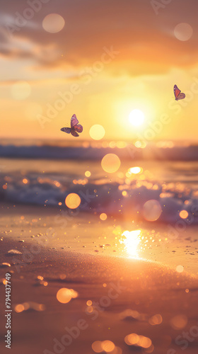 A beautiful sunset with two butterflies flying in the sky. Concept of peace and tranquility, as the butterflies seem to be enjoying the warm, golden light of the setting sun