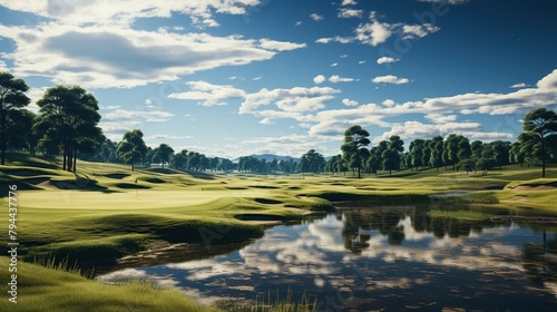 Golf course with green grass and blue sky. Vintage style.