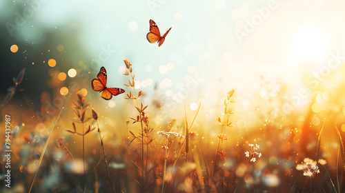 Two butterflies flying in a field of yellow flowers. The sun is shining brightly, creating a warm and peaceful atmosphere © tracy