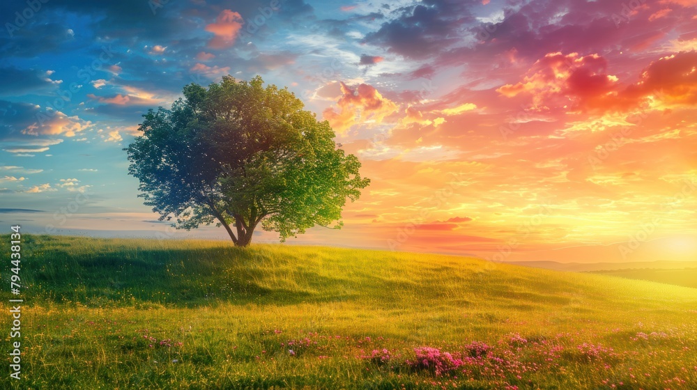 Beautiful tree in grassy field with sunset background. generative AI image