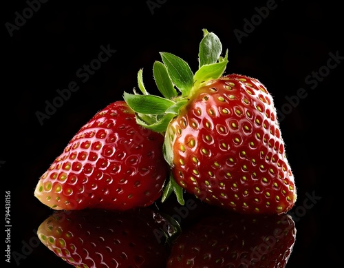 Two strawberries on black background. Fruits and summer berries illustration