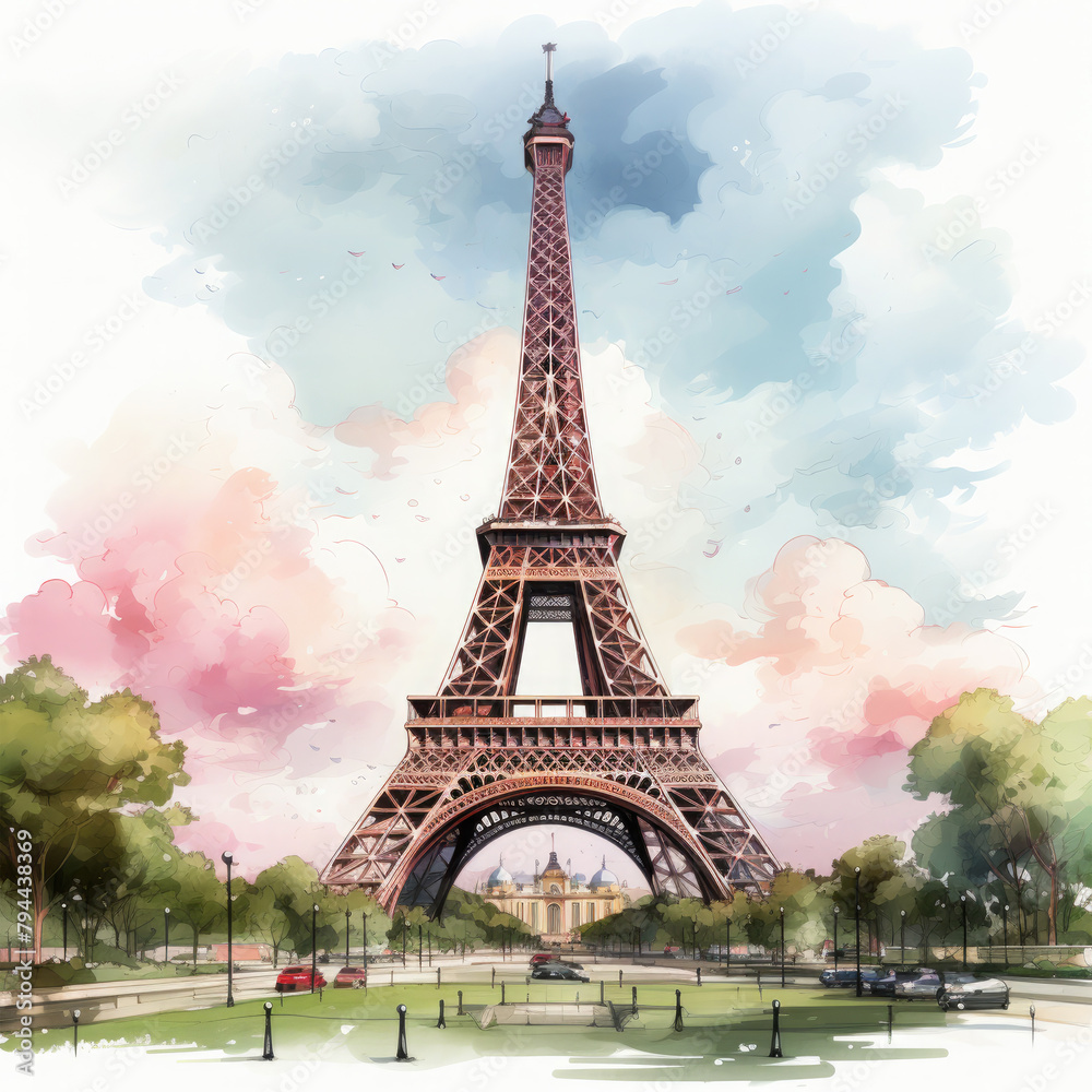 Watercolor Eiffel tower, clipart Illustration, Generative Ai