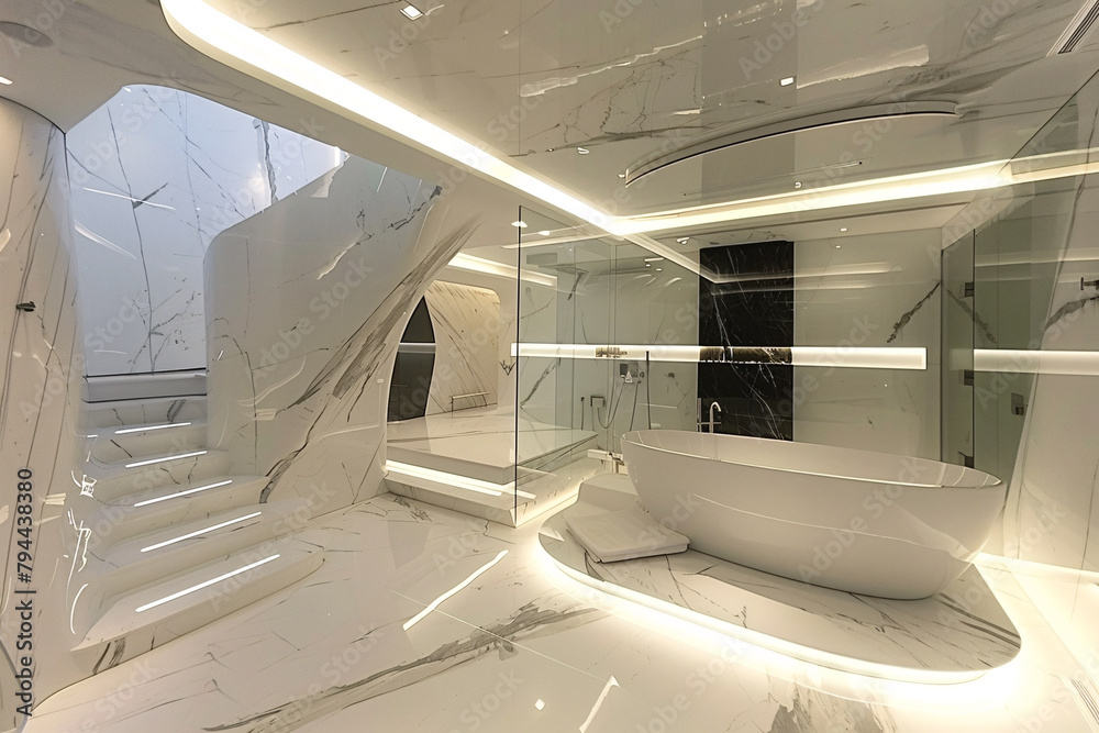 Fototapeta premium Stylish contemporary luxury interior design with marble surfaces material.