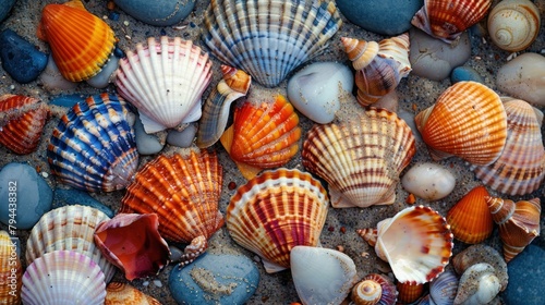Portrait of sea shells colorful on the beach. generative AI image