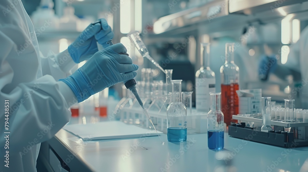 Group of dedicated scientist conduct chemical experiment in medical laboratory, carefully drop precise amount of liquid from pipette into test tube for vaccine drug or antibiotic development. Neoteric Group of dedicated scientist conduct chemical experiment in medical laboratory, carefully drop precise amount of liquid from pipette into test tube for vaccine drug or antibiotic development. Neoteric