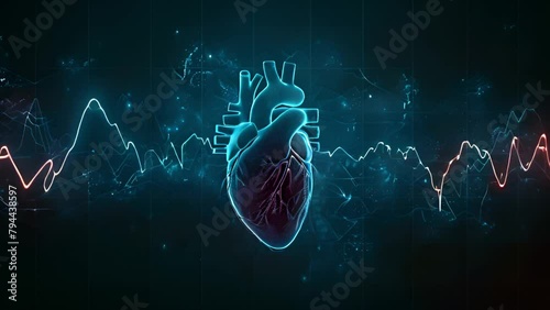 Digital Illustration of a Human Heart With ECG Lines on a Dark Background photo
