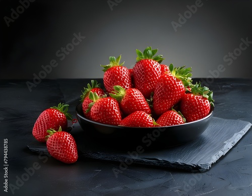Fresh strawberries in plate on a black table. Fruits and summer berries illustration