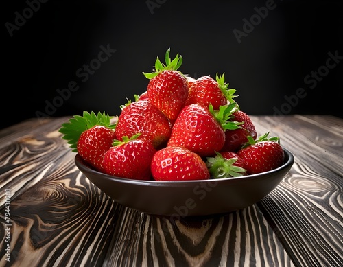 Fresh red strawberries in a bowl on wooden background. Fruits and summer berries illustration