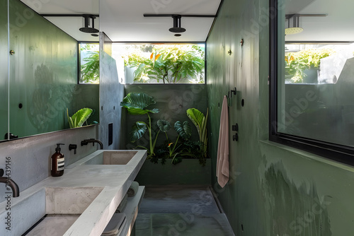 Contemporary modern bathroom interior in dark green colors and concrete elements.