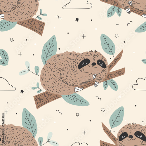 Seamless pattern with a cute sloth on a colored background. Vector illustration for printing. Cute children's background.