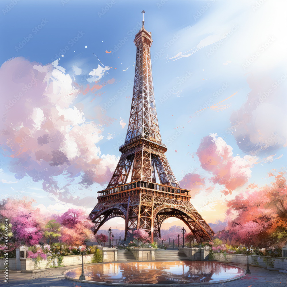 Fototapeta premium Watercolor Eiffel tower, clipart Illustration, Generative Ai