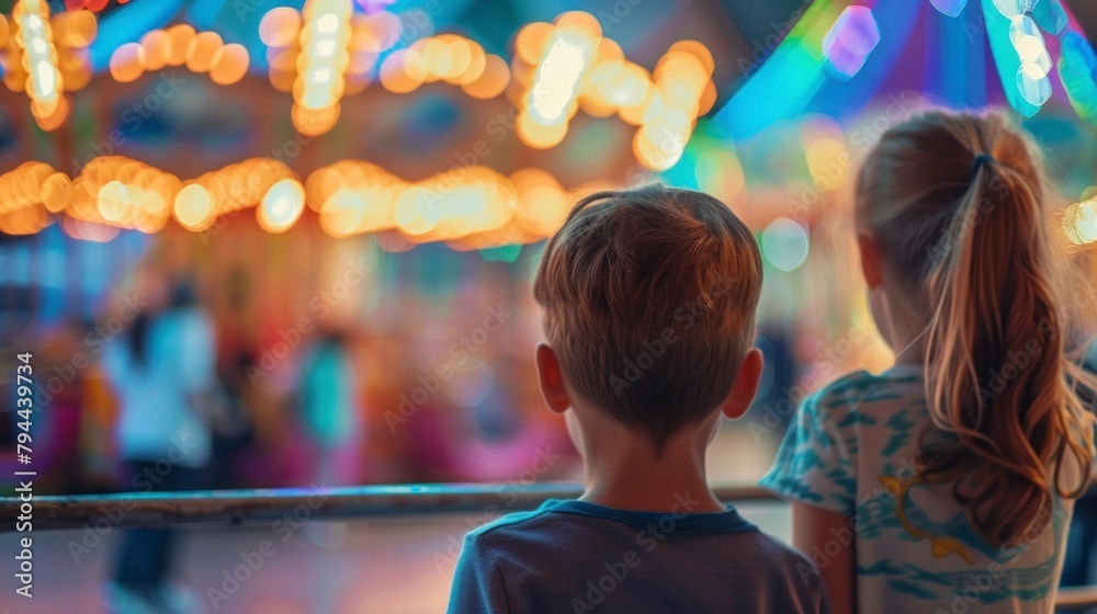 CHILDREN ON THEIR BACKS in an amusement park out of focus at night in high resolution