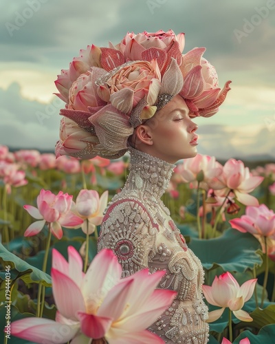 A surreal portrait of a woman whose head is creatively replaced with giant lotus flowers, standing amidst a blooming lotus field under a cloudy sky