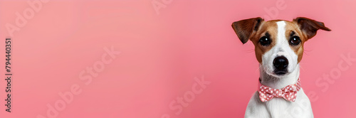 Pet boutique owner web banner. Cute dog in bow tie on pink background with copy space. © Banner Brian