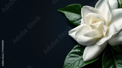 a white gardenia delicately placed on the right side, set against a pristine white or sleek black background, leaving ample space on the left for text