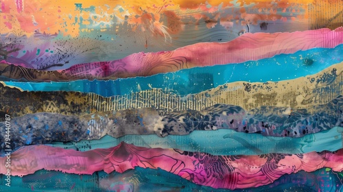 Colorful mixed media art with textured layers. Abstract landscapes with layered colors and textures, reminiscent of distant planets or dreamy terrains.