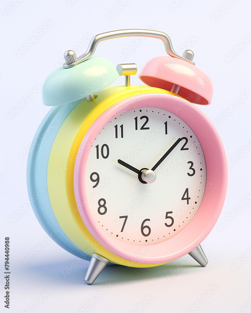 3D alarm clock, children's cartoon style, soft pastel colors, on a white background сreated with Generative Ai 3D alarm clock, children's cartoon style, soft pastel colors, on a white background сreated with Generative Ai