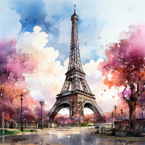 Watercolor Eiffel tower, clipart Illustration, Generative Ai © SantoshArt