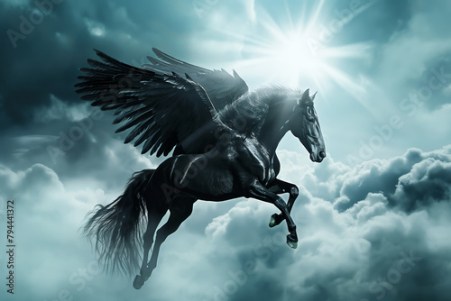 A black horse with wings flying through the sky © DinoBlue
