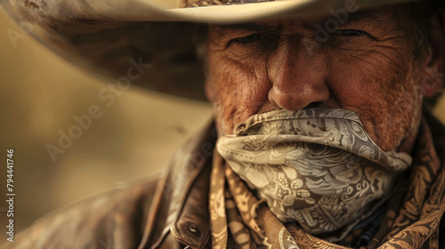 A faded bandana tied around a neck or head symbolizes the grit and determination of ranch hands as they face the elements and challenges of ranch life. . photo