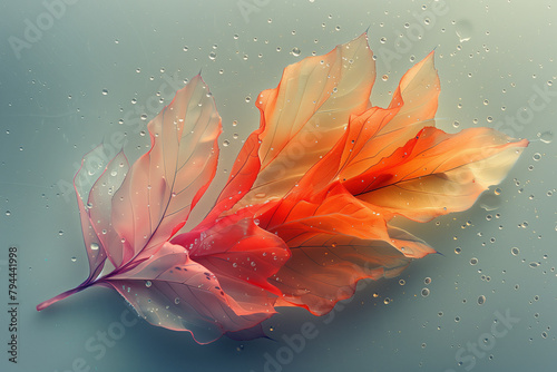 Ethereal autumn leaves with dew drops on blue grey surface floral 8k wallpaper background