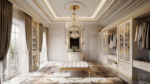 Closet branco e dourado com lindos sapatos realistas