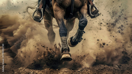 Amidst a cloud of dust the Gothic Rodeo Queen charges forward her studded boots firmly planted in the stirrups as she holds onto the reins with fierce determination. . photo