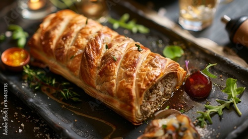 traditional pate en croute, made from varios wild kingfish parts, beer mustard and verjuice jelly, 16:9 photo