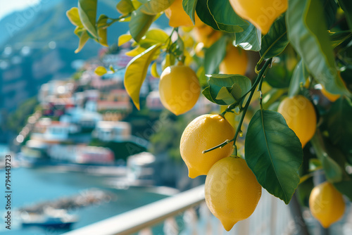 Bright ripe lemons on the tree on the background of the Mediterranean city, sea coast surrounded by green mountains.