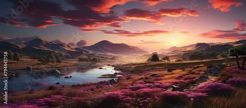 Landscape with pink flowers and mountains at sunset. Lavender Sunset Hills