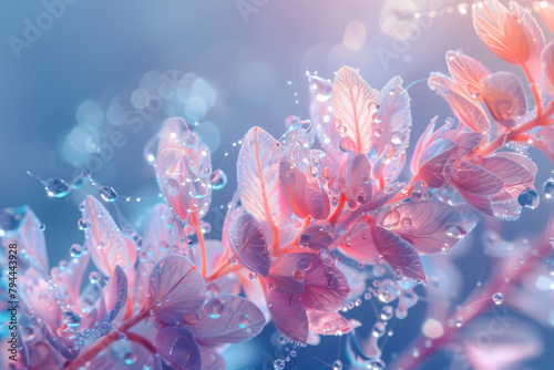 Close up of delicate fantasy plant with water droplets floral 8k wallpaper background