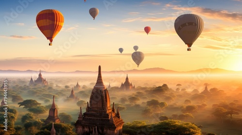 Hot air balloons flying over pagodas in Bagan, Myanmar