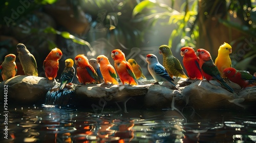 A colorful array of tropical birds gathered around a natural freshwater spring, their feathers glistening in the sunlight hd 8k wallpaper 