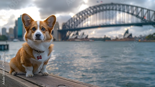 A Corgi dog sits posing on a wooden ledge at the waterfront under the Sydney Harbour Bridge; Sydney, New South Wales, Australia, 8k   photo