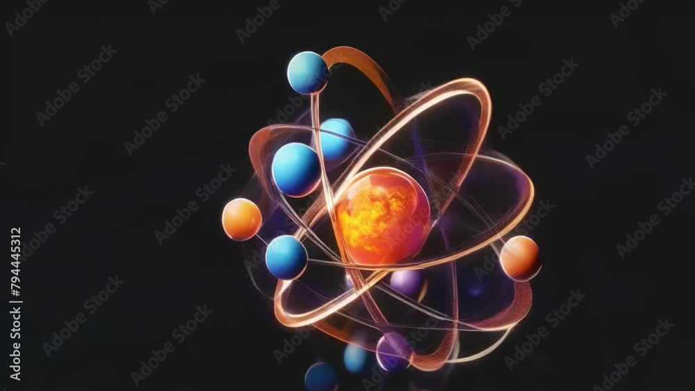 An artistic depiction of a model of an atom with spinning electrons shows a harmonious blend of science and art glowing against a dark background. Asronomy and scientific physics experiments