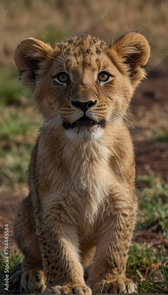 A little lion cub walks through the desert