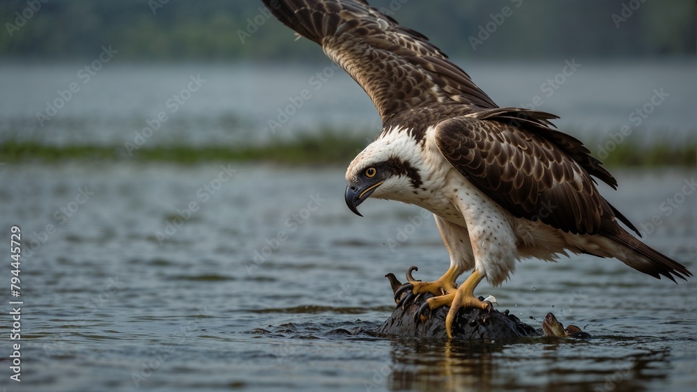 Selective image of an American bald eagle swooping against a clear blue sky Selective image of an American bald eagle swooping against a clear blue sky
