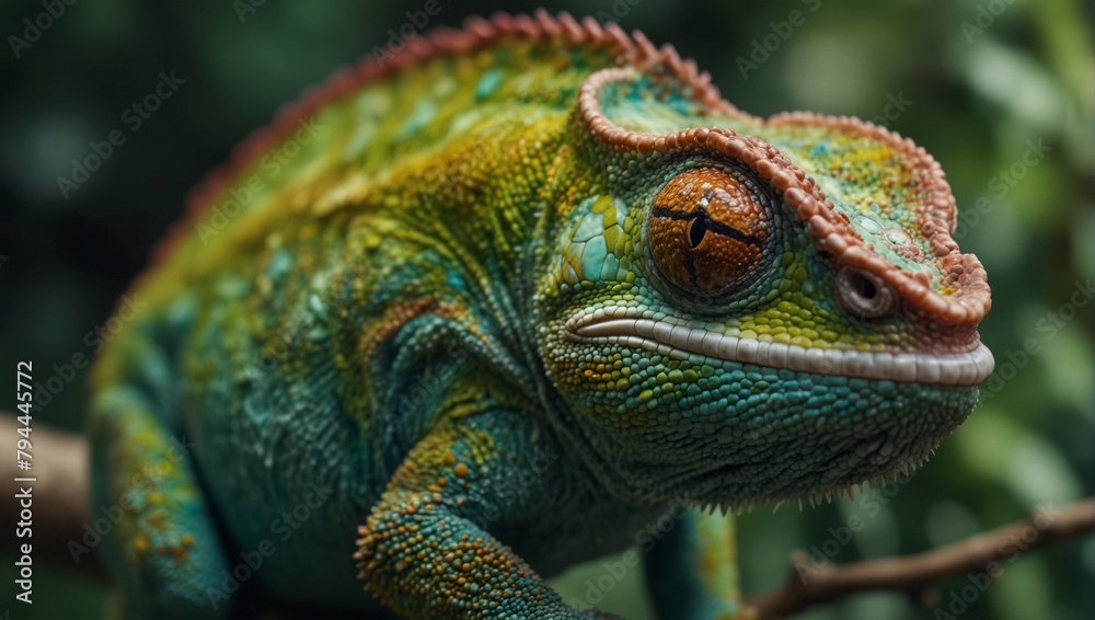 Fototapeta premium Green chameleon closeup in natural environment. Generative AI