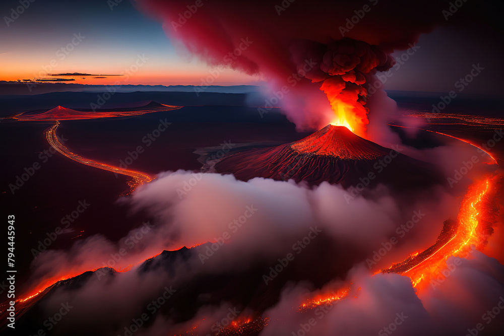  huge volcano eruption, flowing lava flows, illustration generated by Ai