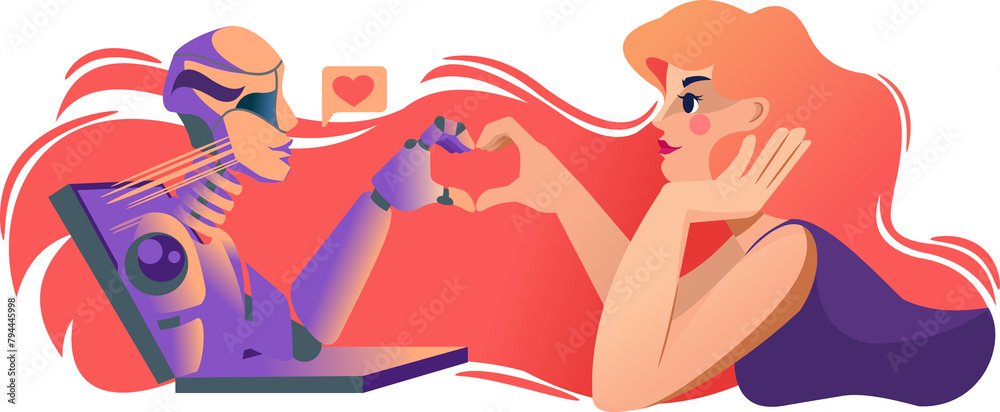 Love woman and robot leaning out of laptop, and together making heart out of finger. Girl experiences romantic relationship and love for chat bot with artificial intelligence after working together