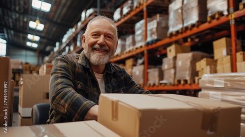 Mature man smiling at the camera while packing cardboard boxes in a distribution warehouse. Happy logistics worker preparing goods for shipment in a large fulfillment centre