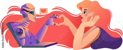 Love woman and robot leaning out of laptop  and together making heart out of finger. Girl experiences romantic relationship and love for chat bot with artificial intelligence after working together